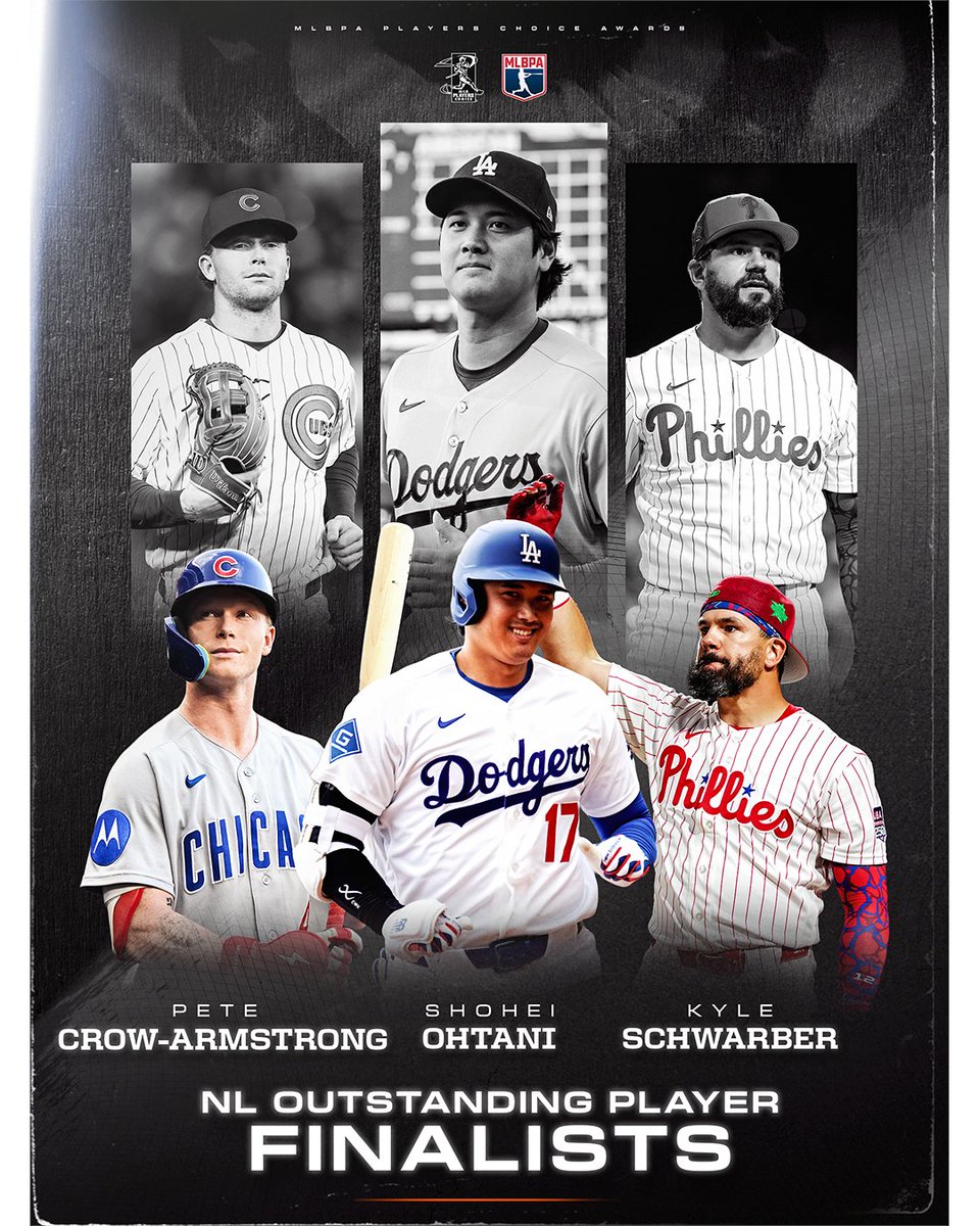 MLBPA's tweet photo. Congratulations to the Players Choice Awards AL &amp; NL Outstanding Player Finalists! 

AL
🔷 Yordan Álvarez
🔷 Junior Caminero
🔷 Bobby Witt Jr. 

NL
♦️Pete Crow-Armstrong
♦️Shohei Ohtani
♦️Kyle Schwarber https://t.co/R1NYOwgUJl