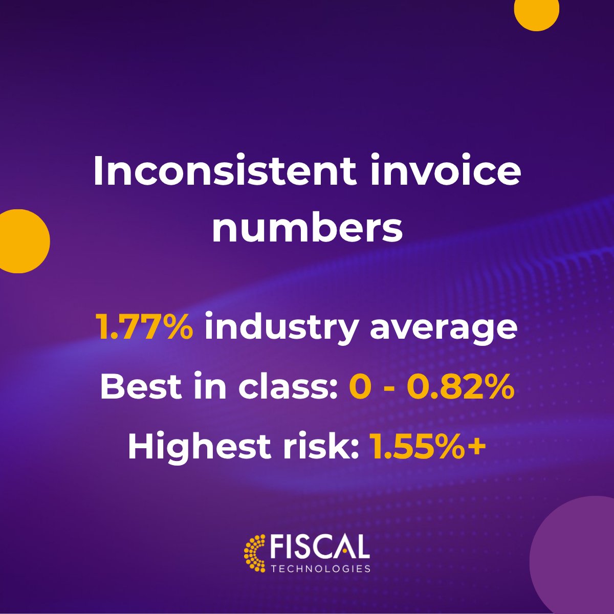FISCALTec's tweet photo. Inconsistent invoice numbers is a key fraud indicator for AP.
The benchmarks:
0.82% - best in class.
1.55% - the highest risk quartile.
1.77 - the average.

Our benchmarking report has the breakdown, and what to do about if your numbers are high: https://t.co/jTxd6AuW0J
#fraud https://t.co/ZmbXV8LFr2