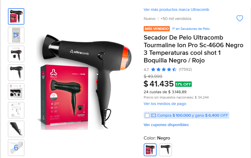 Kratosprecios's tweet photo. 🔥OFERTA IMPERDIBLE Secador De Pelo Ultracomb Tourmaline Ion Pro Sc-4606 Negro 3 Temperaturas cool shot 1 Boquilla Negro / Rojo.
-Antes: $49.999. 
-Ahora: $41.435.     
https://t.co/z9pTuS8QoI
El secador de pelo es excelente, con buena potencia y precio. Es liviano, de buena calidad y seca el cabello rápidamente dejándolo suave y brillante.