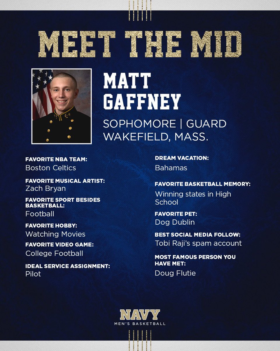 NavyBasketball's tweet photo. 𝑴𝒆𝒆𝒕 𝒕𝒉𝒆 𝑴𝒊𝒅: Meet sophomore Matt Gaffney!

🔗https://t.co/vbBRyhbQsq…

#GoNavy | #ExpectToWin https://t.co/Qp1yOUpqMD