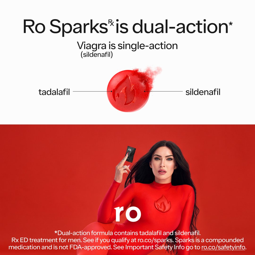ro's tweet photo. Perform your best in bed when the time is right. Ro Sparks works in 15 mins on avg, after medication dissolves. Compounded, not FDA approved. See safety info link on image.