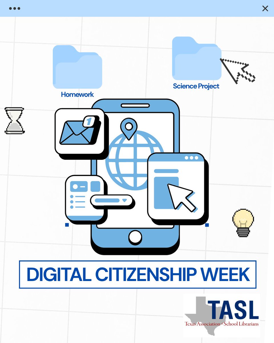 TxASL's tweet photo. Smart choices online start with great skills! 💡🌐

Happy #DigitalCitizenshipWeek! School librarians empower students every day to navigate the digital world safely, think critically about sources, and build a positive footprint.

How is your library celebrating #DigCit Week? Tag us in your photos and activities! #TxASL #DigitalCitizenship #MediaLiteracy #FutureReadyStudents #EdTech #SchoolLibrarians