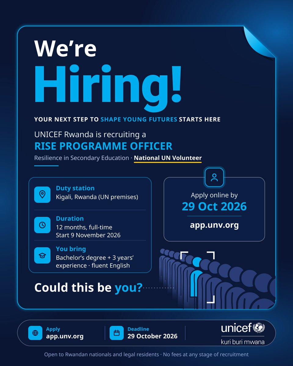 unicefrw's tweet photo. We’re hiring! 📢 Help out-of-school young people in Rwanda get a second chance to learn and gain skills.

💼 RISE Programme Officer, National UN Volunteer, with @UNV_ESARO
📍 Kigali

Apply before the end of October 👉 https://t.co/Rs6cHw1GD2

#UNVolunteers #ForEveryChild https://t.co/gYV0XmkTKD