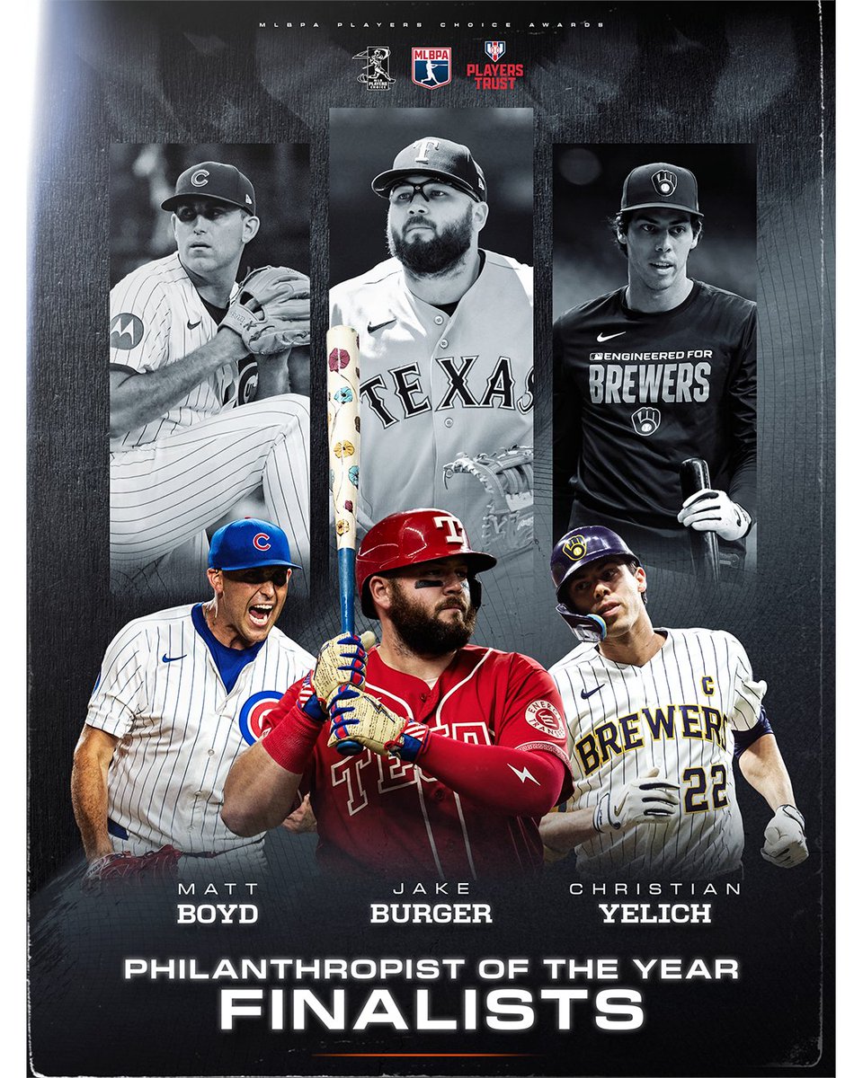 MLBPA's tweet photo. Congratulations to the 2026 Players Choice Awards Philanthropist of the Year Finalists!
🔶 Matthew Boyd
🔶 Jake Burger
🔶 Christian Yelich
The Philanthropist of the Year Award goes to the player who “best demonstrates an altruistic spirit and positive social impact beyond the diamond.” The Philanthropist of the Year will also receive a $25,000 grant from the Players Trust to the charity or cause of his choice. Established in 1996, the Major League Baseball Players Trust is the charitable arm of the MLBPA. The winner of the Philanthropist of the Year Award will be announced the week of October 26.