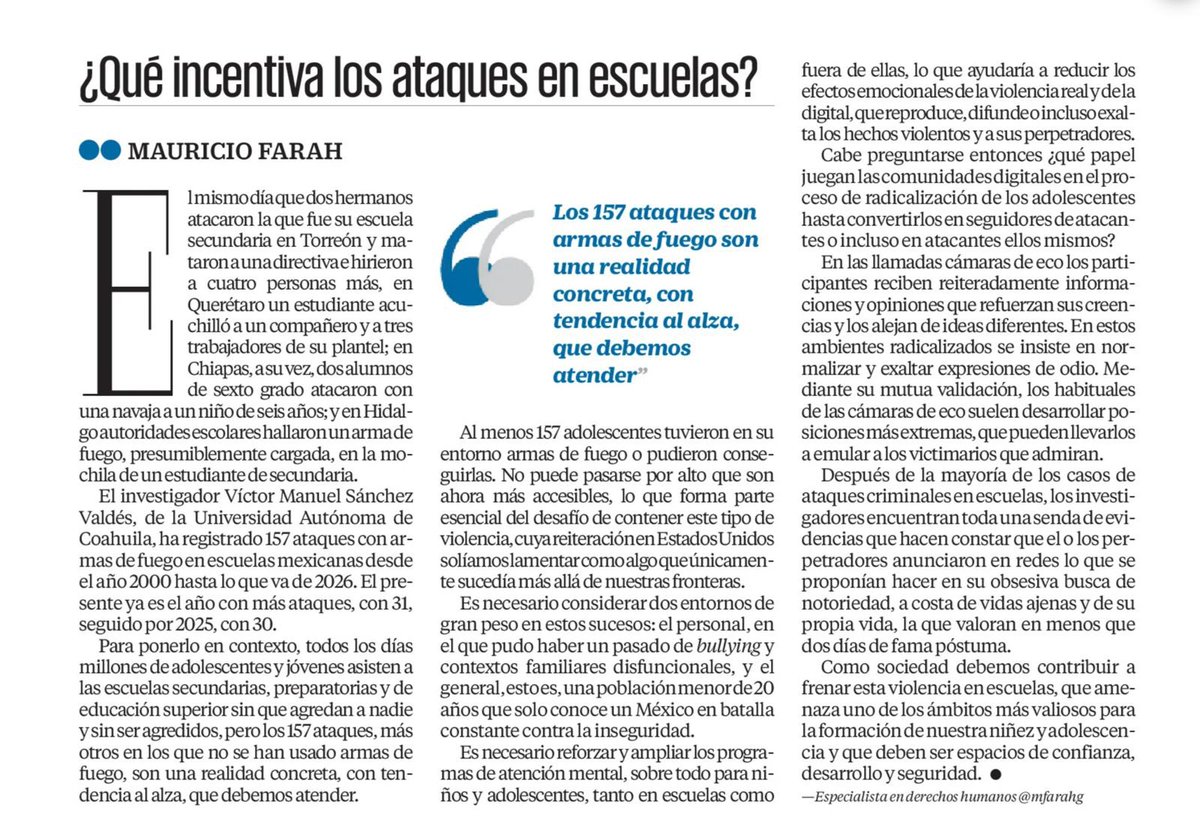 mfarahg's tweet photo. El origen de los ataques en escuelas es multifactorial y complejo. Si reflexionamos sobre sus causas, podemos contribuir a mantener libres de violencia los espacios en los que se forman nuestras niñas, niños y adolescentes.
Mi artículo de hoy en @El_Universal_Mx 
👇🏼

https://t.co/dXMByyPiyE