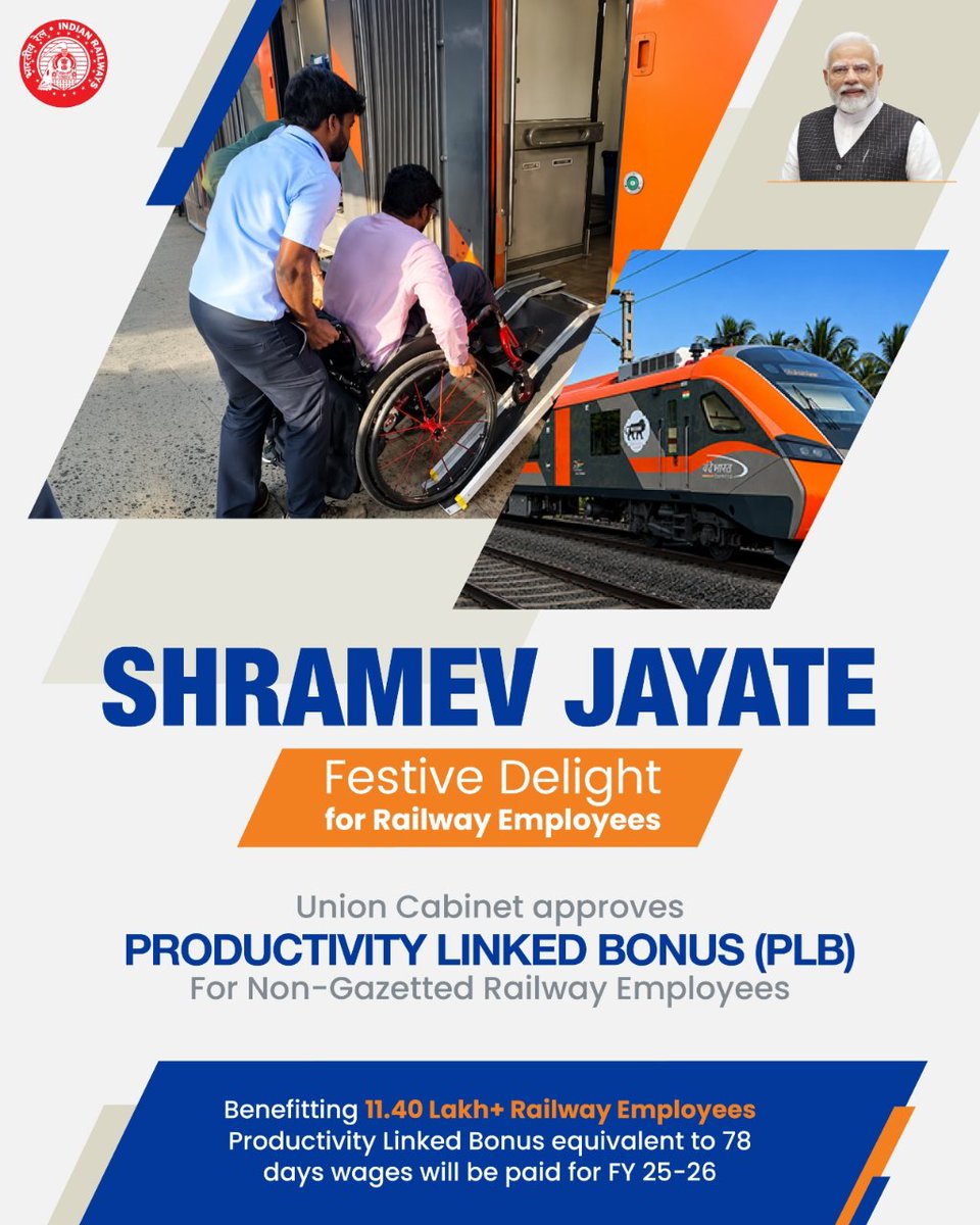 SalemDRM's tweet photo. Festive Delight for Railway Employees! 🎉

Union Cabinet approves Productivity Linked Bonus (PLB) equivalent to 78 days’ wages for FY 2025-26, benefitting 11.40 lakh+ non-gazetted railway employees. 

#ShramevJayate #AaatmanirbharBharat #IndianRailways #SouthernRailway https://t.co/5HaPX6GW3U