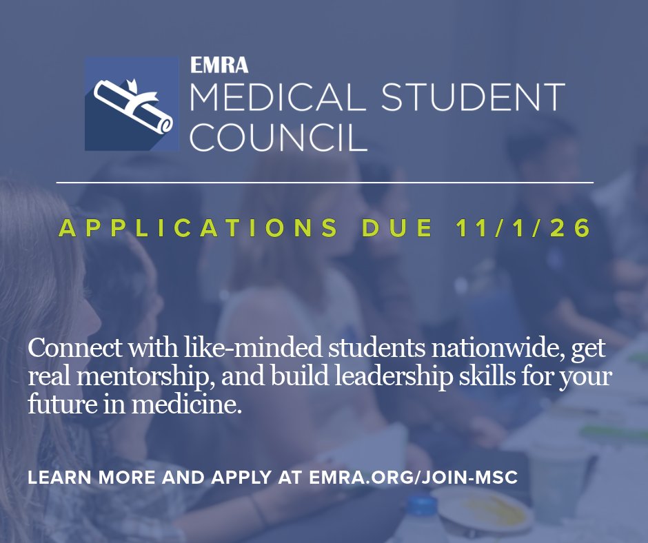 emresidents's tweet photo. Interested in EM, leadership, advocacy, or all of the above? Apps are open for the 2027 EMRA Medical Student Council. Apply by Nov. 1 for mentorship, leadership skills, and funded travel to Scientific Assembly:https://t.co/CU2WBxa8Rb

#EMRA #MedStudent #Leadership #EMBound https://t.co/pCzW0kjWeD