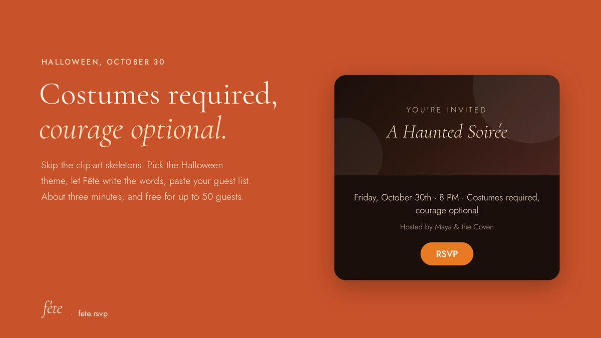 FeteRsvp's tweet photo. Halloween lands on a Saturday this year. If you're throwing something, there's still time to do it properly: candlelit theme, the wording drafted for you, costume rules right on the invite. Three minutes, no clip-art skeletons.

https://t.co/e821b20H0I https://t.co/PHzx0bVrrZ