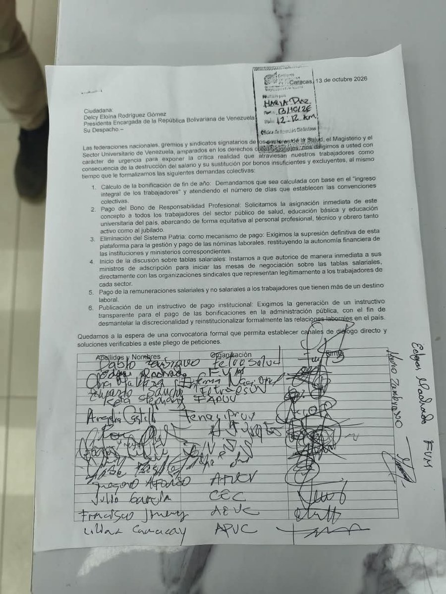 FAPUV's tweet photo. Los ministros dicen que no tienen cualidad para discutir salarios,por eso fuimos a Miraflores a exigir discusión de tablas salariales,aguinaldo con base en ingreso mínimo y convenciones,bono de responsabilidad para activos y jubilados y devolución de las nóminas a la #UniVe. https://t.co/PvCOt8JOSp
