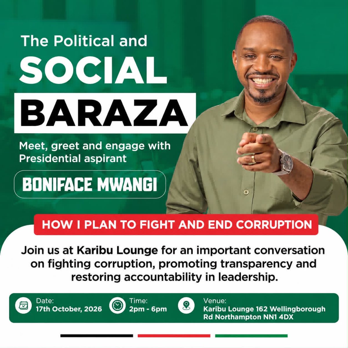 bonifacemwangi's tweet photo. Kenyans in the UK, let’s talk!
Join me this Saturday afternoon at Karibu Lounge, Northampton for a Political Baraza. 

We’ll have an honest conversation about how to liberate our country from bad leadership and build a Kenya that doesn’t force our people to migrate in search of good jobs abroad.