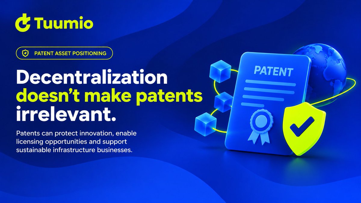 tuum_io's tweet photo. Decentralization doesn't make patents irrelevant.
They can help protect inventions and create licensing opportunities. The challenge is balancing protection with open innovation.
Web3 needs sustainable infrastructure, not just tokens.
#Web3 #TuumIO https://t.co/tTticqK368