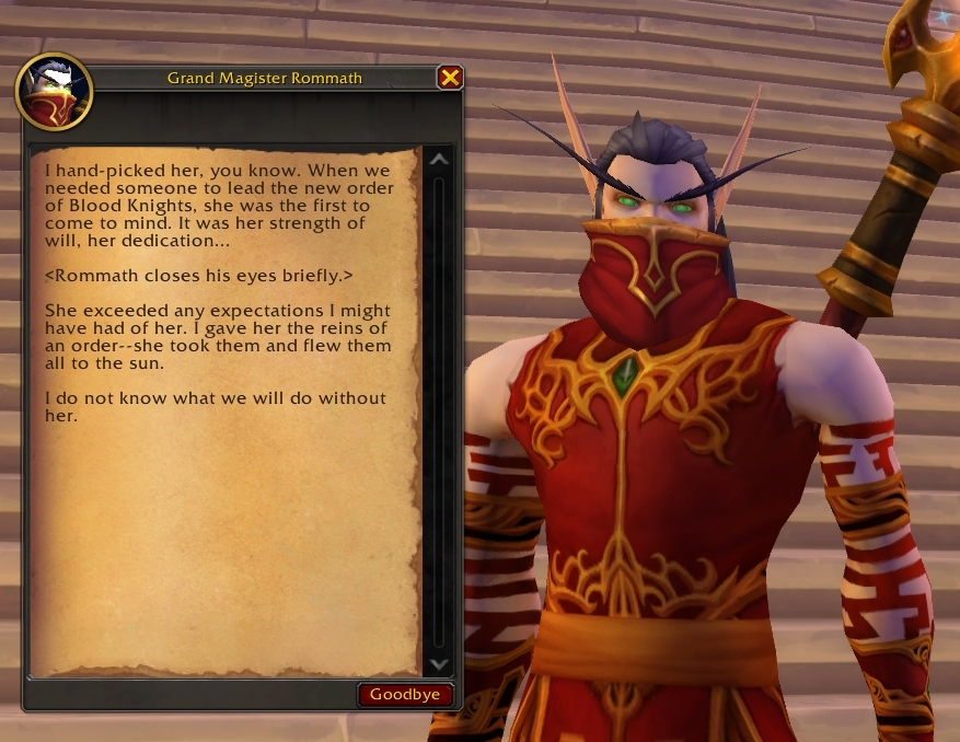 Portergauge's tweet photo. There's a *bunch* of dialogue hidden away in the 12.1.5 post-raid campaign, just prior to Lor'themar's speech.

Includes some surprisingly important bits like Solanar being the new leader of the Blood Knights, and the proper reactions from the other blood elf leaders. https://t.co/gXrXz5oRh4