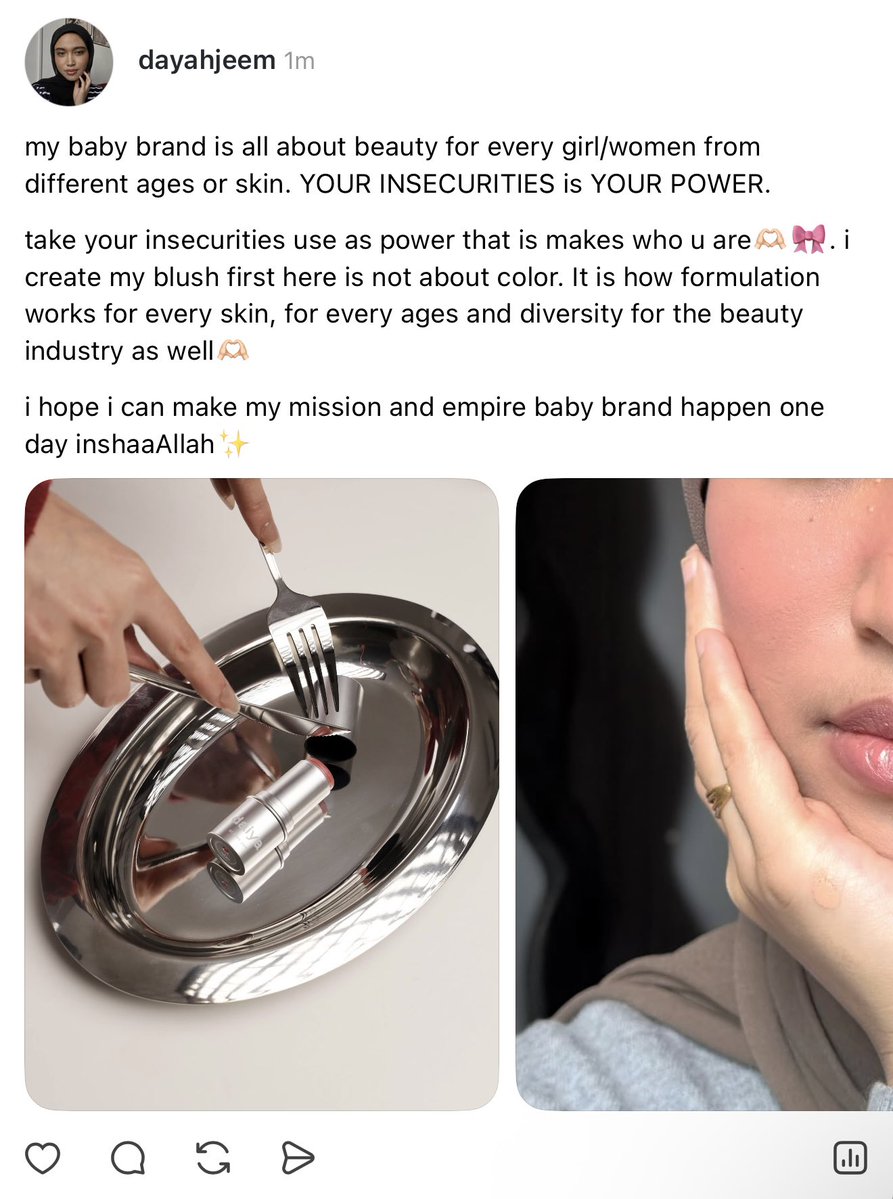 dayahjeem's tweet photo. for those yang tak kenal i lagi, i la crazy owner keluar satu shade tu. YES ONE BLUSHER. 

Anyway, semua atas izinNya i dapat keluarkan satu blusher. Rezeki i dapat keluarkan satu shade sahaja. But i teruskan journeyy ni https://t.co/fuOlOIYfY0
