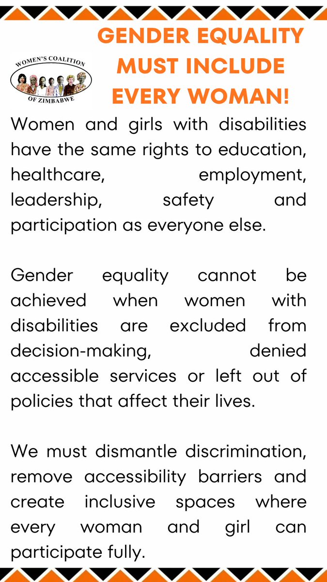 WCOZIMBABWE's tweet photo. Gender equality must include every woman! 

Women and girls with disabilities have the right to education, healthcare, leadership, safety and equal participation. We must dismantle barriers, challenge discrimination and build inclusive spaces where every woman and girl can thrive https://t.co/rl8GrRiNHr