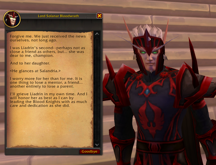 Portergauge's tweet photo. There's a *bunch* of dialogue hidden away in the 12.1.5 post-raid campaign, just prior to Lor'themar's speech.

Includes some surprisingly important bits like Solanar being the new leader of the Blood Knights, and the proper reactions from the other blood elf leaders. https://t.co/gXrXz5oRh4