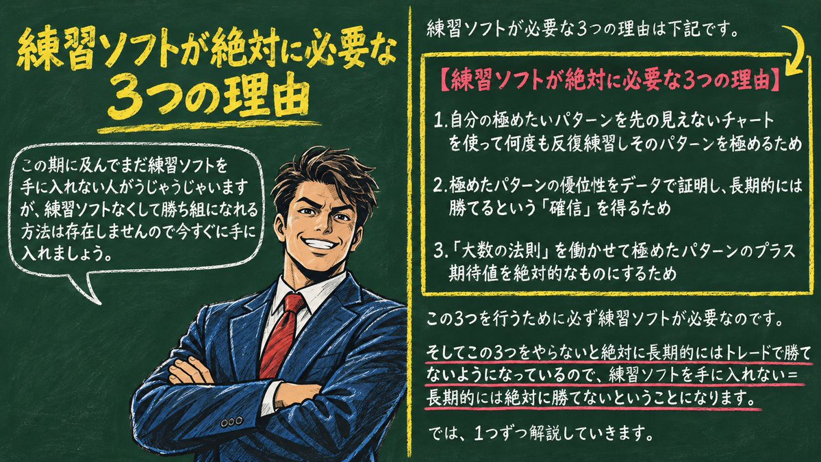 BiebSas's tweet photo. 【練習ソフトが絶対に必要な3つの理由👇】

①先の見えない右側チャートで徹底的に反復練習し、自分の得意パターンを極めるため
②データ取りを何度も行い「トータルで勝てる」確信を得るため
③試行回数を増やして「大数の法則」を働かせ、プラス期待値を揺るぎないものにするため https://t.co/hiNgI14yCq