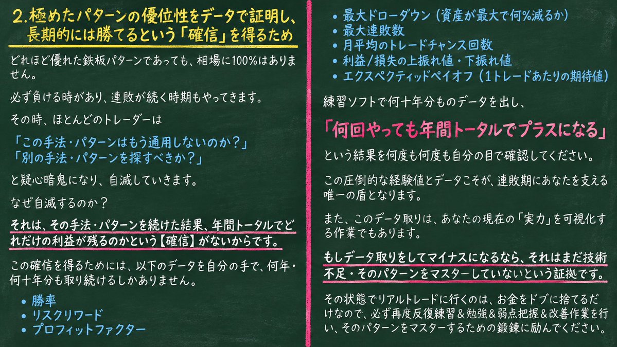 BiebSas's tweet photo. 【練習ソフトが絶対に必要な3つの理由👇】

①先の見えない右側チャートで徹底的に反復練習し、自分の得意パターンを極めるため
②データ取りを何度も行い「トータルで勝てる」確信を得るため
③試行回数を増やして「大数の法則」を働かせ、プラス期待値を揺るぎないものにするため https://t.co/hiNgI14yCq