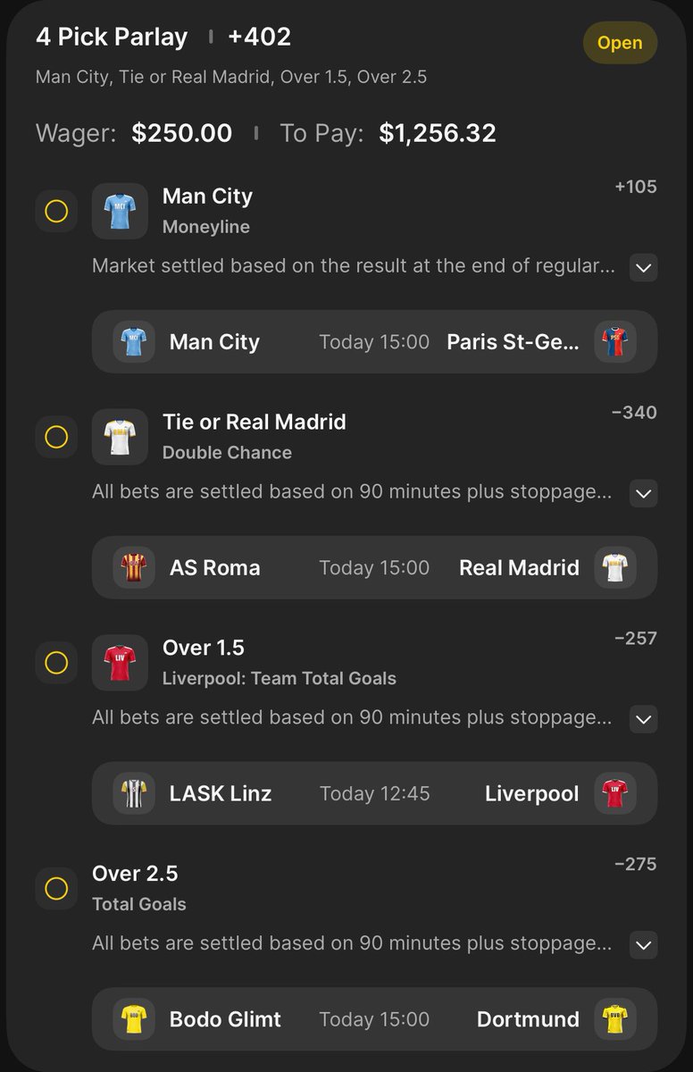 AlphaMindPicks's tweet photo. Today’s Soccer Play

$250 —> $1256.32

https://t.co/DEVGcLV3Mf

Manchester City ML
Real Madrid Win or Draw
Liverpool TT O1.5 Goals
Dortmund Over 2.5 Match Goals https://t.co/aPGmbgpNdb