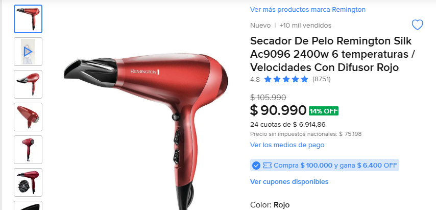Kratosprecios's tweet photo. 🔥OFERTA IMPERDIBLE Secador De Pelo Remington Silk Ac9096 2400w 6 temperaturas / Velocidades Con Difusor Rojo.
 -Antes: $105.990. 
-Ahora: $90.990.     
https://t.co/nByPzrCuQN
El secador de pelo es muy bueno y potente, permitiendo un secado rápido incluso para cabellos abundantes. Ofrece varias temperaturas y potencias, lo que lo hace versátil y cómodo de usar.