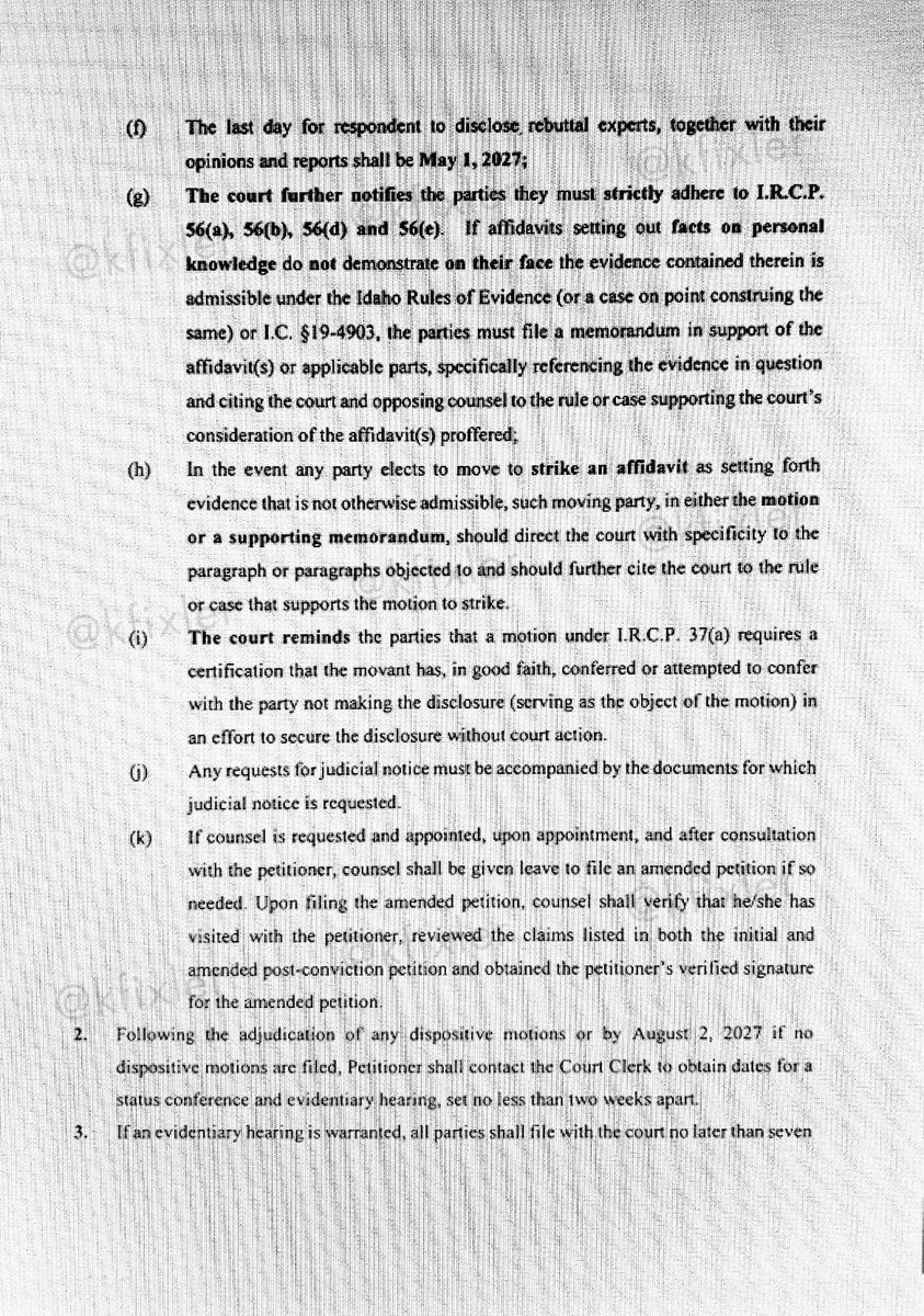 kfixler's tweet photo. The #BryanKohberger court hearing set for tomorrow to DQ the judge was canceled, and an amended scheduling order issued. Initial pleadings now are not due until January 2027 with others extending out until at least August 2027. Documents and dates here. #Idaho4 https://t.co/9vPbWv4Prp
