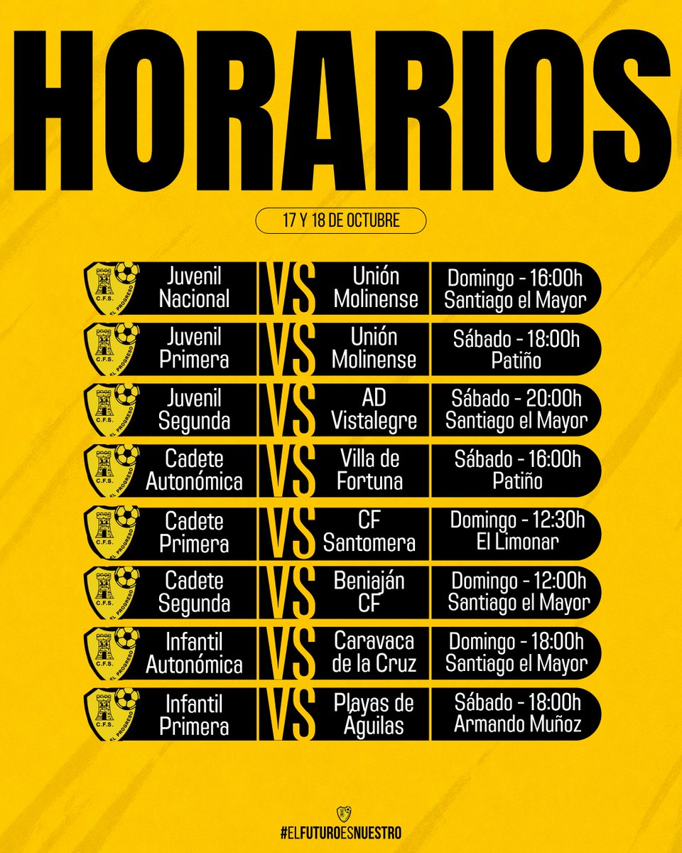 cfprogreso's tweet photo. 📋 Estos son los horarios con los que afrontaremos el fin de semana.

¡Vamos, familia! 💛

#ElFuturoEsNuestro https://t.co/N7oi4tVBFx