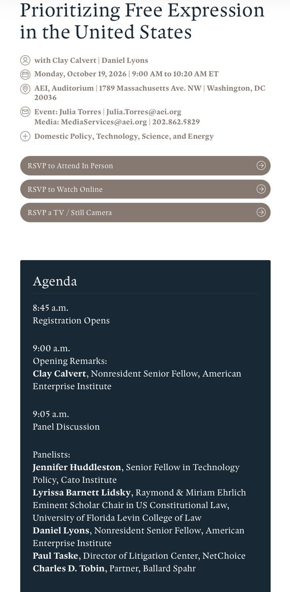 ProfClayCalvert's tweet photo. Interested in learning about the most important free speech and press issues in the US? Consider attending our @AEI @AEItech free event "Prioritizing Free Expression" this coming Monday . . . Register here: https://t.co/WvDtF7FTg0 https://t.co/KOR2gmtlFW