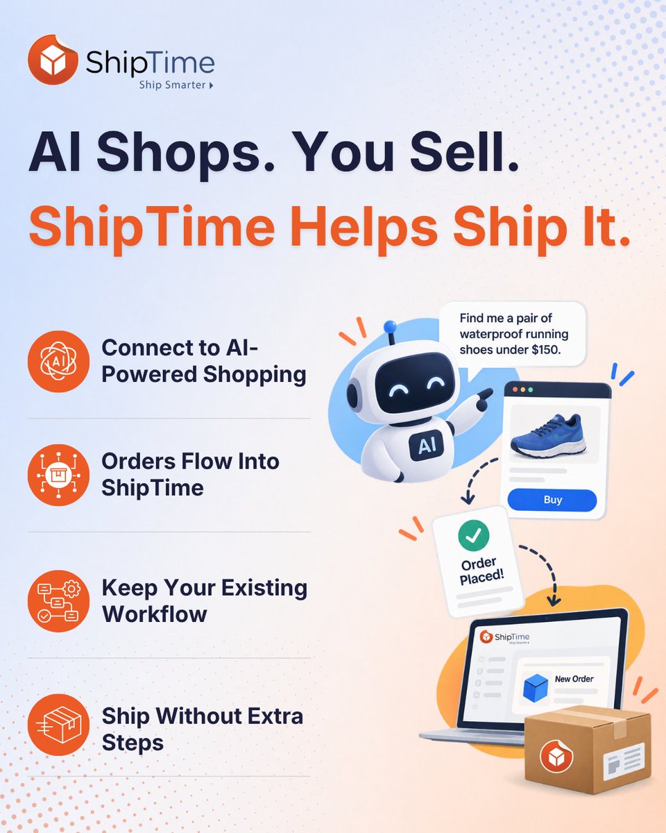 ShipTime's tweet photo. What if your next customer shops through AI? 👀🤖

They ask for a product, AI finds it, helps make the purchase, and someone still has to ship it. 📦

ShipTime now supports UCP, helping orders from AI-powered shopping flow into your shipping workflow.

https://t.co/3sxnDCk2v4 https://t.co/Szfy10bKlr