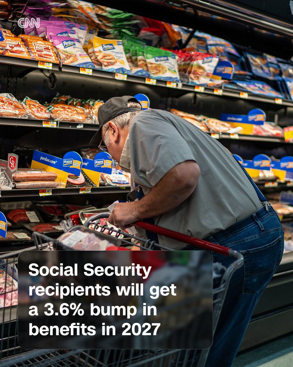 CNN's tweet photo. Senior citizens and other Social Security beneficiaries will receive a 3.6% boost in their monthly payments in 2027, the Social Security Administration announced. It’s the largest cost of living adjustment since 2023. https://t.co/inuug9o2ty https://t.co/LE8iANGuZJ