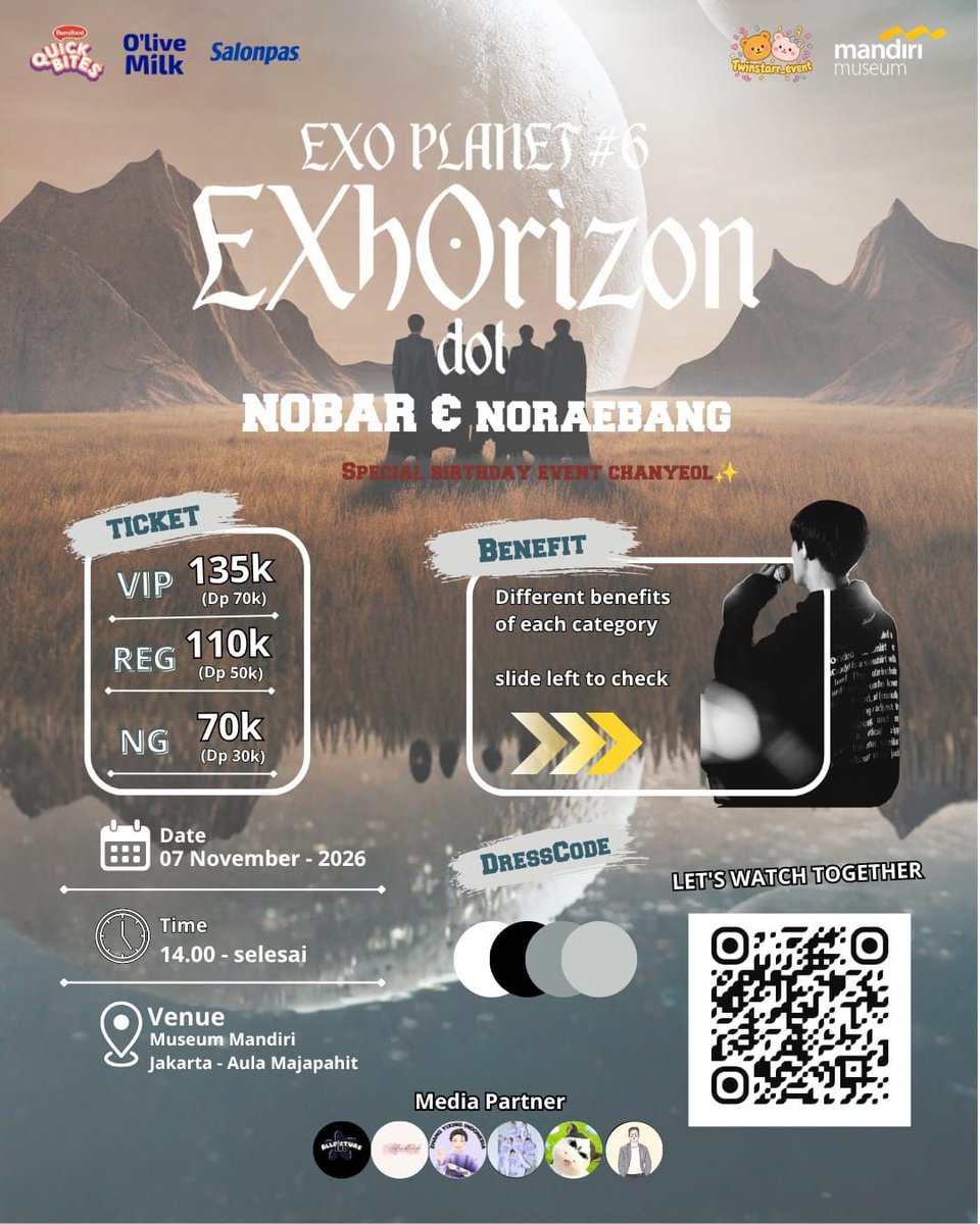 naleeccha's tweet photo. 🌌 EXO PLANET #6 : EXhOrizon dot — NOBAR & NORAEBANG 🌌

EXO-L, are you ready to travel beyond the horizon together? 🪐✨

Saatnya kumpul, nyanyi bareng, teriak bareng, dan menikmati momen EXO dalam satu malam yang nggak boleh dilewatkan! 🤍

🎬 NOBAR & NORAEBANG
📅 07 November 2026
📍 Museum Mandiri Jakarta — Aula Majapahit
⚠️ LIMITED SEAT!

Gather your squad, wear your EXO-L heart proudly, and let's make our own EXhOrizon together! 🪐🤍
LET'S WATCH TOGETHER, EXO-L! 🐧🦖🐰🐱🐶🐯🦊
📲 Scan QR / DM untuk reservasi seat!

link form : https://t.co/on4sVf8cNJ

Limited seat, jangan sampai cuma jadi penonton dari story orang lain 😭
#EXO #EXO_PLANET6 #EXhOrizon #EXO_L #EXOL #EXOIndonesia #NobarEXO #NoraebangEXO #EXOEvent #EXOJakarta #EXOPlanet6Indonesia
