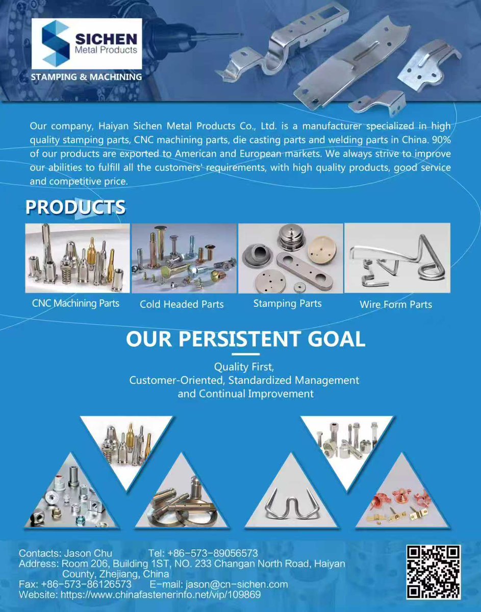 FastenerInfo's tweet photo. Haiyan Sichen Metal Products Co., Ltd. is a manufacturer specialized in high quality stamping parts, CNC machining parts, die casting parts and welding parts in China. 

#CNCMachiningParts #ColdHeadedParts #StampingParts #WireFormParts #Fasteners https://t.co/LKJziJxhsp