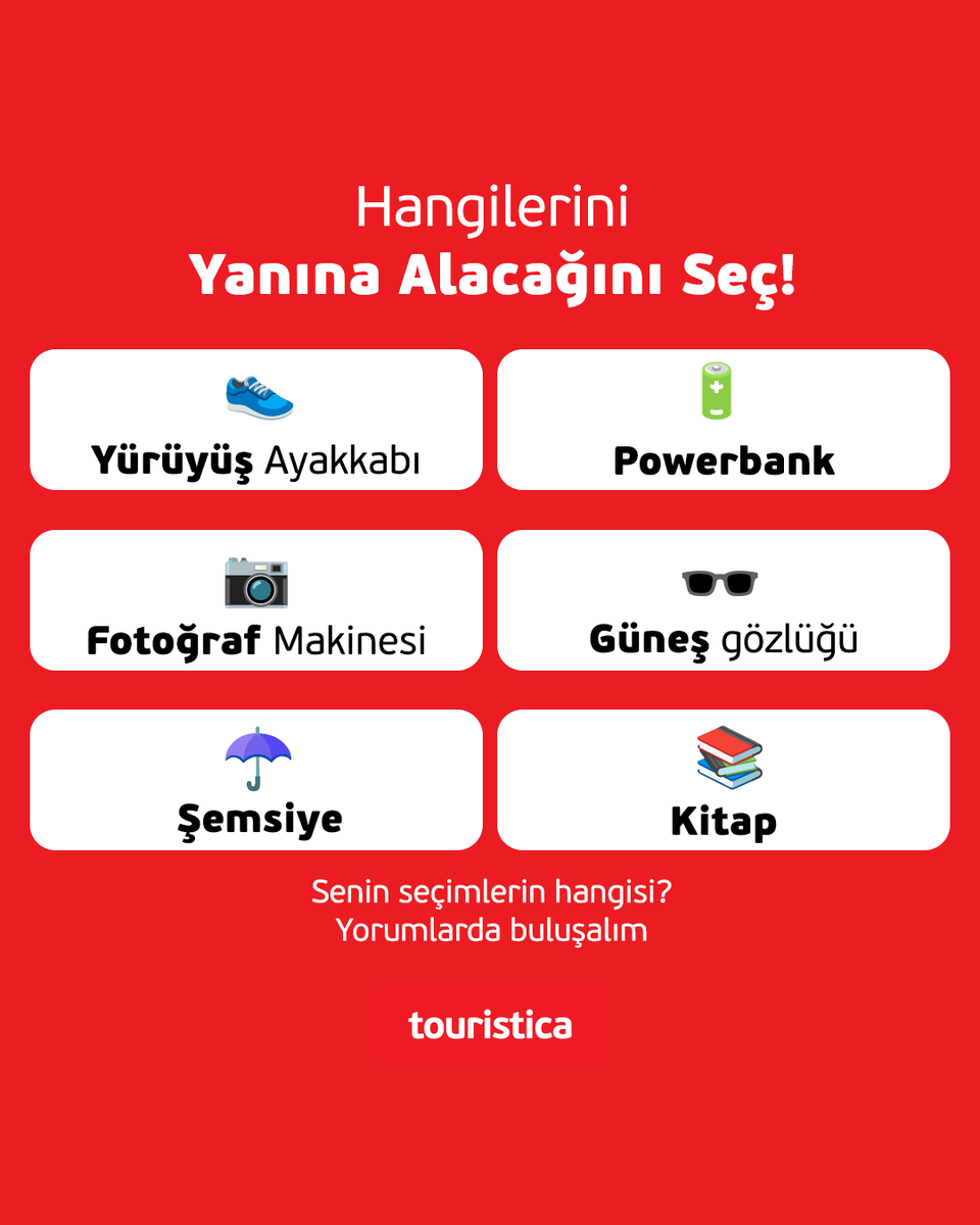 Touristica_Tr's tweet photo. Her tatilin olmazsa olmazları farklıdır… ☀️🧳
Sen yanına hangilerini alırdın? ❤️ Yorumlarda buluşalım!
#Touristica #Tatil https://t.co/2qvjYnDCwf