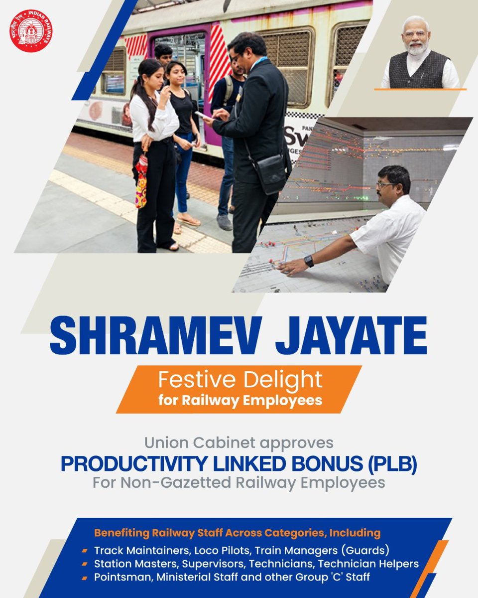 SalemDRM's tweet photo. Union Cabinet has approved the Productivity Linked Bonus (PLB) for Non-Gazetted Railway Employees.  The bonus will benefit railway staff across categories, including: Track Maintainers, Loco Pilots, Train Managers (Guards) Pointsman, Ministerial Staff and other Group ‘C’ Staff https://t.co/pfVbYm3UeP