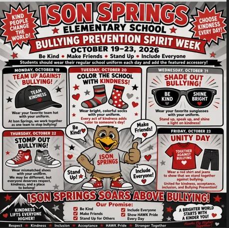 IsonSpringsES's tweet photo. Bullying Prevention Spirit Week is October 19-23, 2026! Students are to wear their school uniform each day and add the featured accessory! #ShineandSucceed https://t.co/OC5pqUwM9O