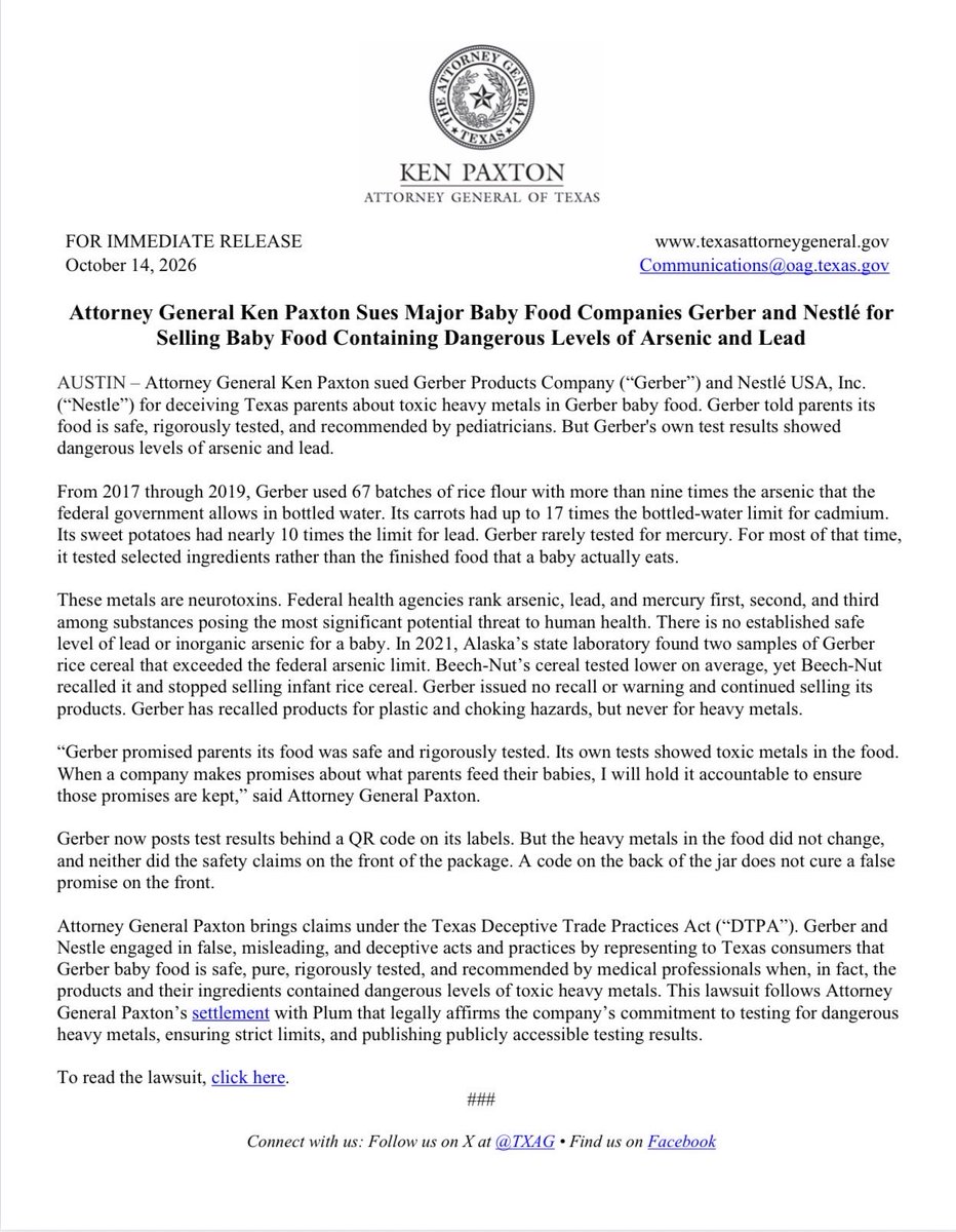 KenPaxtonTX's tweet photo. NEW LAWSUIT: I sued major baby food companies Gerber and Nestlé for selling baby food containing dangerous levels of arsenic and lead. https://t.co/jMYAXsLGnv