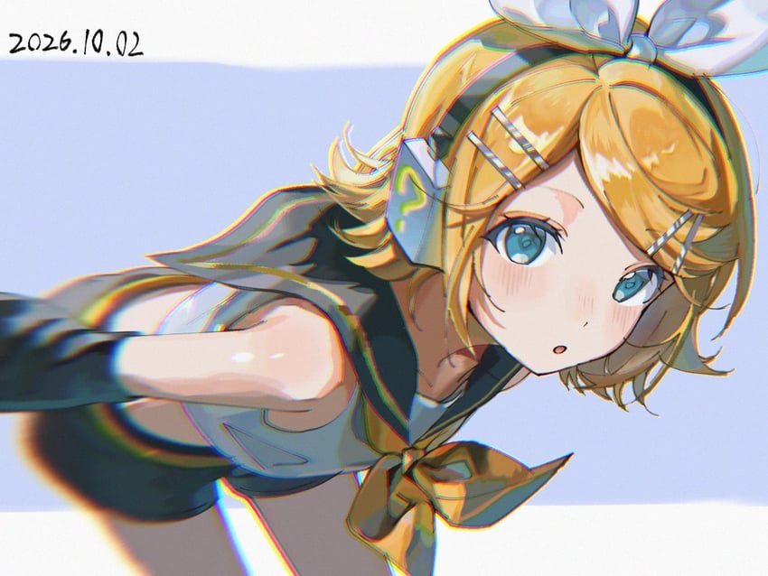 Yellow_thingy's tweet photo. *Rin bends over a bit, looking at the reader*

"Sooooo, what shall we do [Reader]?  Do you have any idea on how to pass some time together?" https://t.co/sz6ocDPLW6