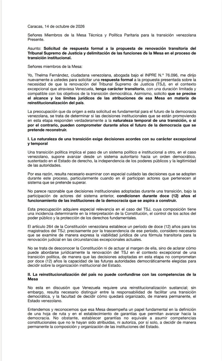 thelmafernandez's tweet photo. Como venezolana y abogado, he solicitado a @Dinorahfiguera una respuesta formal sobre la propuesta de un TSJ transitorio y el alcance de las atribuciones de esa Mesa de negociación. Reconstruir instituciones no puede significar hipotecar la democracia futura. #TSJTransitorio https://t.co/3445Ed3k4P