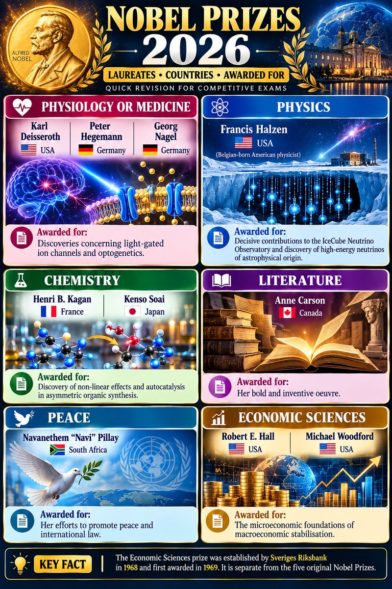 cematerial's tweet photo. 🏆 NOBEL PRIZES 2026 — QUICK REVISION!

Can you remember all 6 Nobel Prize categories, their winners & countries? 🌍

✅ Winners + Countries  
✅ Award-winning contributions  
✅ One infographic for rapid revision  

🔖 Bookmark this for your next revision!

#NobelPrize2026 #CurrentAffairs #UPSC #GK #BPSC #SSC #RRB #competitiveexams #APPSC