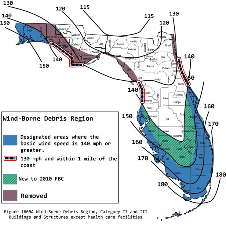 floridamanwx's tweet photo. Something to note with #Isaias - The Majority of Homes in the Panhandle built post-Andrew (the new FBC) were supposed to be built to withstand 130mph winds (Right Image). This does nothing for the (Older) housing stock that already exists up there. Good news is, the 2026 FBC implements new Wind Borne Debris regions (Left Image), mandating 140-150mph wind resistance in the Pensacola Area.