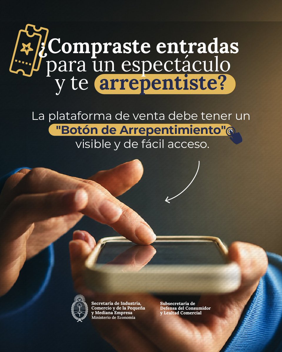 DNDConsumidor's tweet photo. Compraste entradas para un espectáculo y te arrepentiste?
 El arrepentimiento rige desde que recibís los tickets o la constancia de pago, lo que ocurra primero, sin importar la fecha del evento.
 Si estás dentro del plazo, notificá al organizador al menos 24 h antes del evento. https://t.co/d2nwmAHyjU