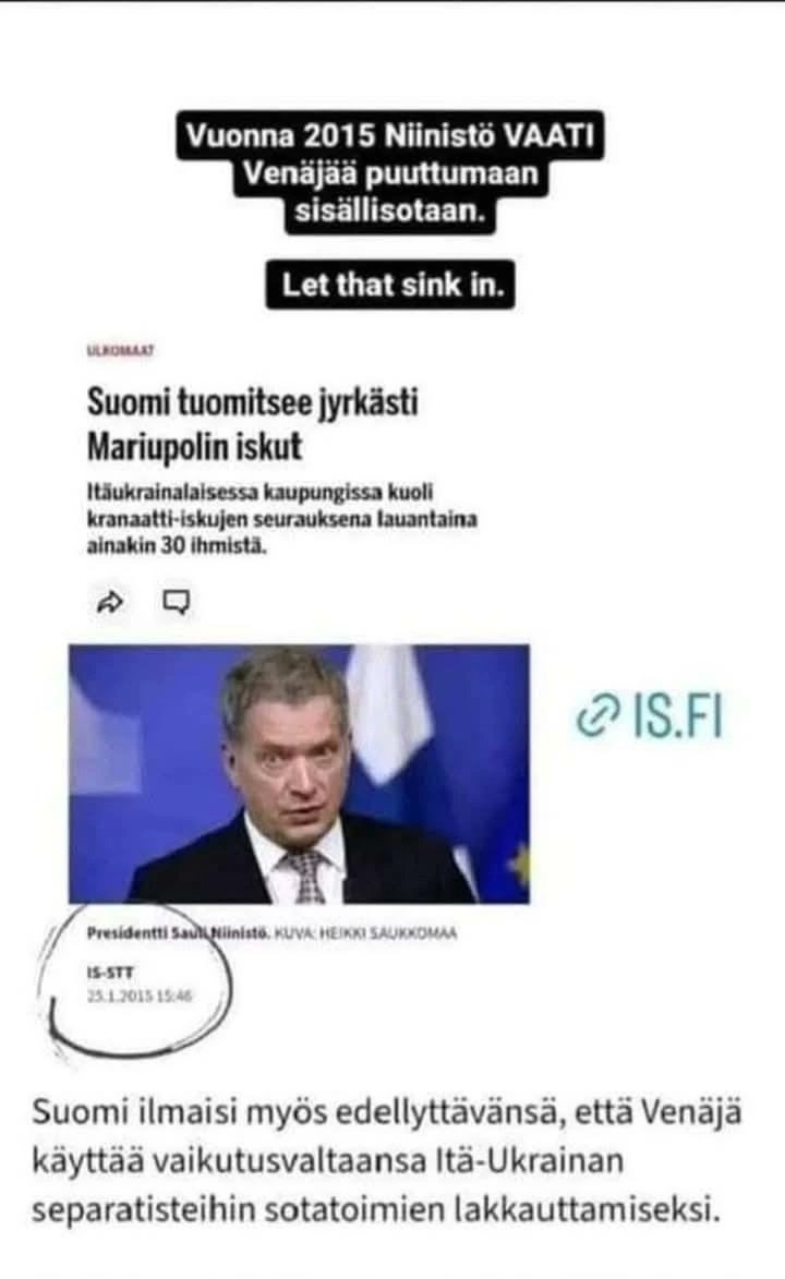 snellman_helena's tweet photo. @KorpinenLaura Venäjähän ei uhannut meitä millään tavalla, eikä Ukrainan kansanmurhaajat ansaitse sääliä saati rahojamme
Niinistö sen tajusi, mutta tuli kiire tehdä Nato-huijaus kun oli Wikileaksin mukaan 9 vuotta lahjottu
Suurin onnettomuus oli Marin, joka tyhmyydellään aiheutti valtavaa tuhoa https://t.co/teguhSpS7a