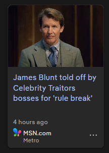 FuzzForce's tweet photo. "It is said James Blunt did not horrifically overreact when the banished player revealed themselves as a faithful."

#celebritytraitors https://t.co/KkhHWA9f5G