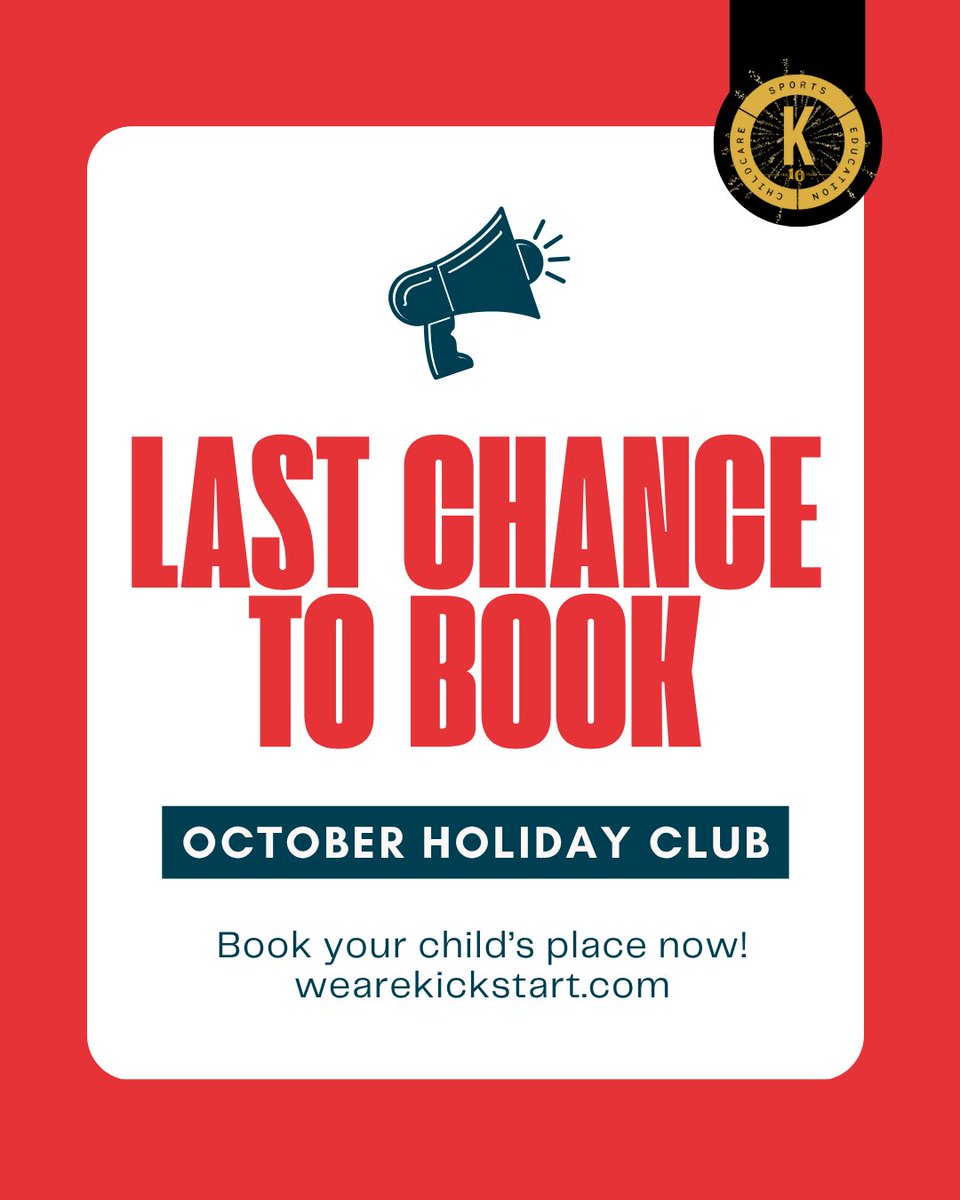 wearekickstart's tweet photo. ๐จ LAST CHANCE TO BOOK!
๐ October Holiday Club is nearly here! Donโt miss out on a half-term full of fun, crafts and exciting activities.
๐ฒ Book now at https://t.co/jkyh8m7OqI
#OctoberHalfTerm #HolidayClub #Kickstart https://t.co/VaQ8YdVeUh