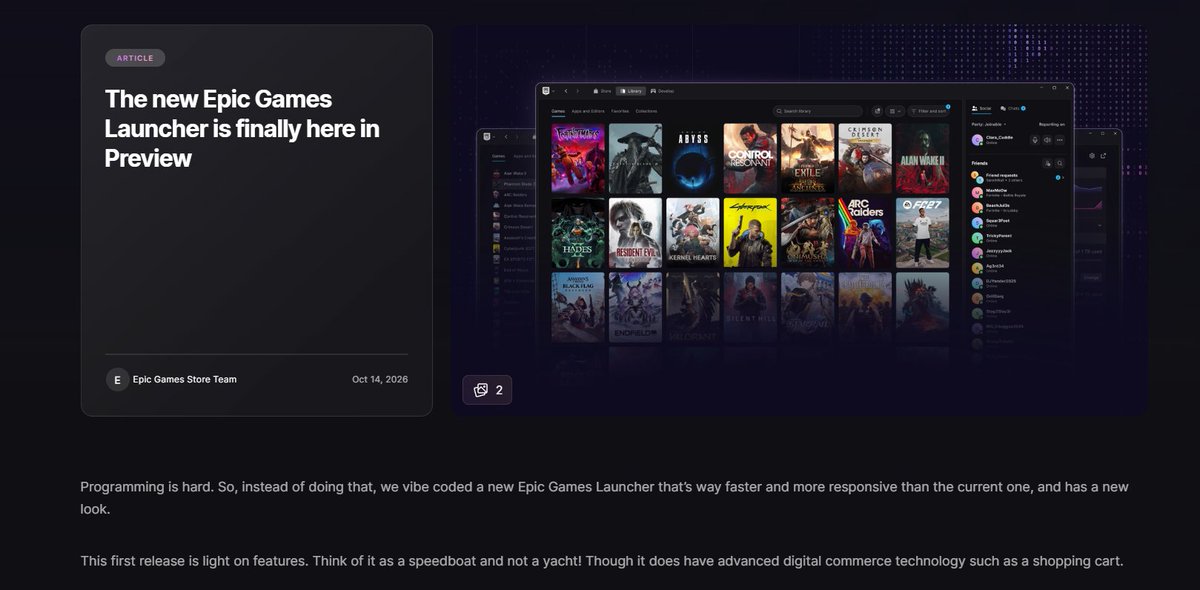 Wario64's tweet photo. new Epic Games Launcher in preview - 

"Programming is hard. So, instead of doing that, we vibe coded a new Epic Games Launcher that’s way faster and more responsive than the current one, and has a new look."

https://t.co/DdcUBGs3BP https://t.co/2ZpskS0EUV