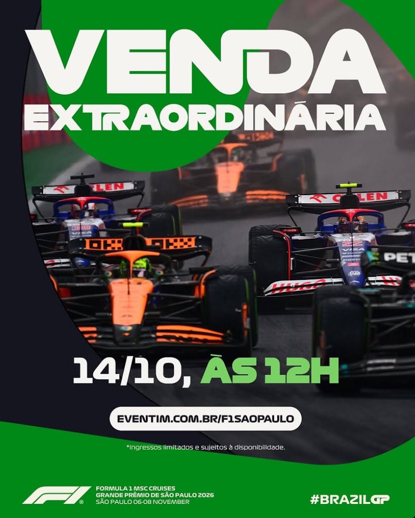 blog_formula1's tweet photo. 🚨 ATENÇÃO 🚨 

É HOJE! Venda extraordinária de ingressos pro GP de São Paulo a partir do meio-dia.

Setores A, D, G e H.

Apenas no site oficial da Eventim. https://t.co/ucNKEoCBt9