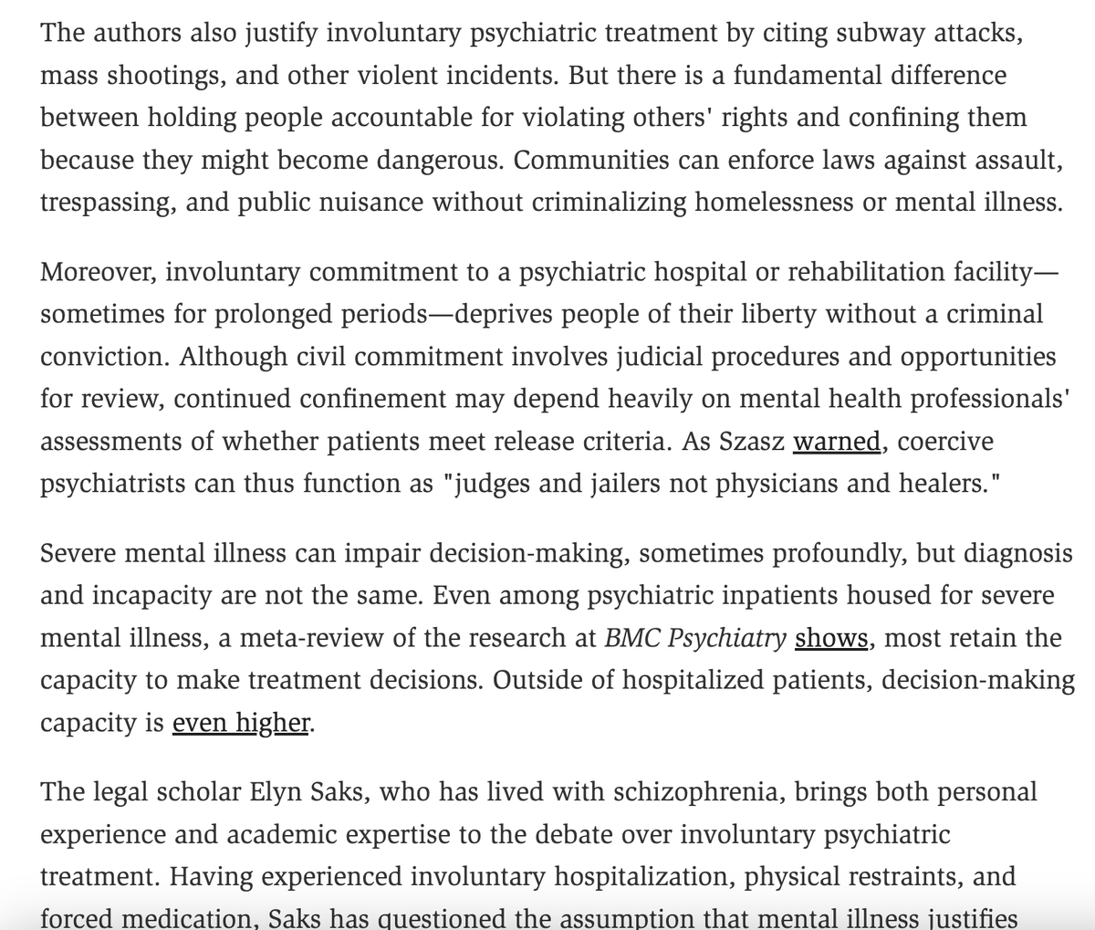 senatorshoshana's tweet photo. LOVE this new piece from @dr4liberty @AdamOmaryPhD 

Informed consent applies to psychiatry too. But not in practice.

"If a treatment can improve your health, does that give the government the right to force it onto you? Should the state compel people with diabetes to take insulin, patients with hypertension to take their medications, or people with obesity to lose weight?

Most Americans would recoil at such proposals. Yet when it comes to people diagnosed with psychiatric disorders, many people seem willing to make an exception."

I recently read about a woman forced to take meds for bipolar disorder in order to keep custody of her kids during a divorce dispute. But the meds made her worse!