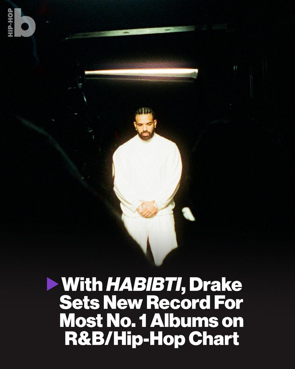 billboard's tweet photo. .@Drake just made Billboard chart history with his latest album, ‘HABIBTI.’ 👀⁠

The project jumps from No. 35 to No. 1 on Billboard’s Top R&B/Hip-Hop Albums chart after the release of its ‘HABIBTI (FOMO)’ deluxe edition, earning 71,000 equivalent album units in the U.S. during the Oct. 2-8 tracking week.⁠

With his 18th No. 1 on the chart, Drake breaks his tie with Future and The Temptations to become the act with the most chart-topping albums since the ranking launched in 1965.⁠

See which other artists have the most No. 1s on Top R&B/Hip-Hop Albums: https://t.co/7JTfXqu3cI

📸 Ben Dorado⁠