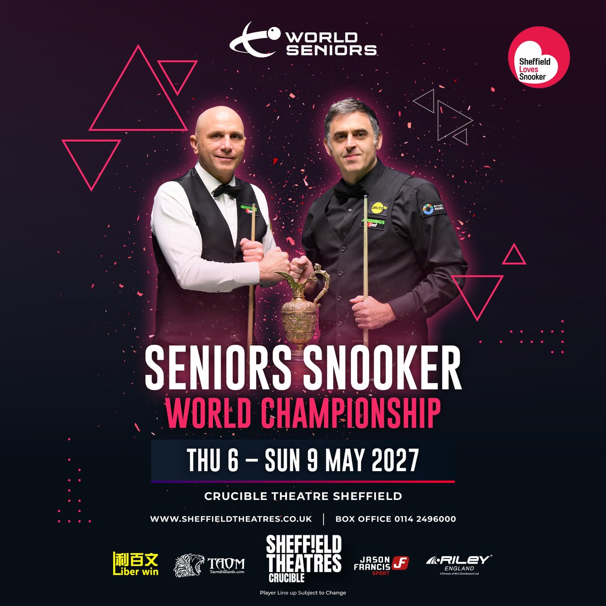 WPBSAofficial's tweet photo. WORLD SENIORS CHAMPIONSHIP TICKETS 🎟️

The 2027 @WorldSeniors Snooker Championship returns to the Crucible Theatre in May and tickets are on sale now - starting from just £10!

Get yours now 👉 https://t.co/WTp3eeXv19 https://t.co/XfItFxZudW