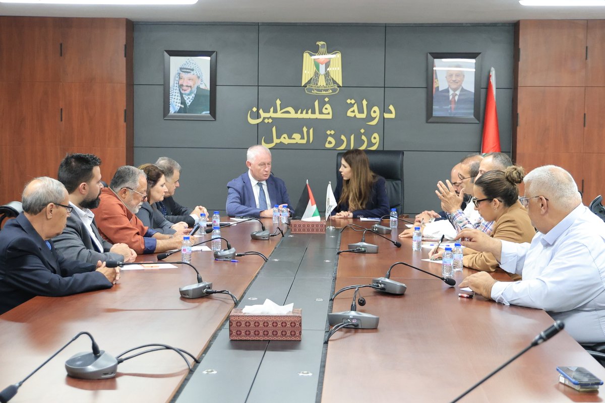 ituc's tweet photo. Today in Ramallah, ITUC General Secretary Luc Triangle met with Palestinian Prime Minister Mohammad Mustafa and representatives of the Palestinian Authority to discuss the worsening economic and social situation, rising unemployment and the urgent need to defend Palestinian workers’ rights.

Thousands of Palestinian workers have been prevented from reaching their workplaces inside Israel for nearly three years, depriving them of vital income.

Increased international pressure is needed to end restrictions on workers’ freedom of movement, restore access to employment, ensure payment of outstanding wages and create new job opportunities.

The ITUC stressed the importance of strengthening workers’ rights, empowering women and investing in skills, technological development and employment opportunities for young Palestinians.

The ITUC reaffirmed its solidarity with its affiliate, the PGFTU, and with Palestinian workers, as well as its commitment to defending their rights and livelihoods, promoting decent work and supporting international efforts to improve their living and working conditions.

@luc_triangle
@PGFTU2
@ArabTradeUnion
@ITUCAsiaPacific
@ITUC_Africa
@CSA_TUCA
@ETUC_CES
@ILO
@ILOACTRAV
@jordaniaurena04
@manzieric65