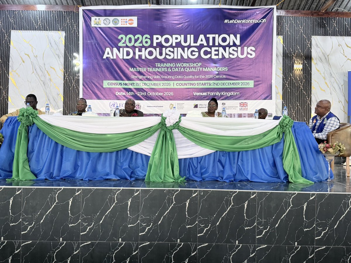StatsSalone's tweet photo. “The APC Supports the Census” – Leonard Balogun Koroma

Full statement by Mr. Leonard Balogun Koroma, Chairman of the APC 2026 Census Committee, at the opening ceremony of the Training of Master Trainers for the 2026 Population and Housing Census, held at Family Kingdom.

https://t.co/mzu65c4dHD

🇸🇱 Census 2026: Leh Den Kont You Ooh!

📅 December 1 – Census Night
📋 December 2 – Counting Begins
