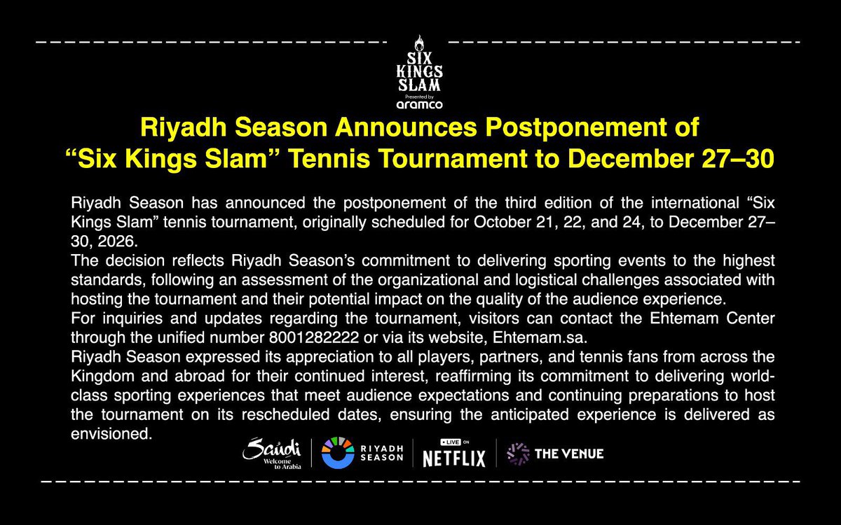 Olly_Tennis_'s tweet photo. 🇸🇦 The Six Kings Slam exhibition - in Riyadh - has been postponed from October to December 27-30

It comes after recent bombing in the surrounding area https://t.co/sWgAKbztMZ